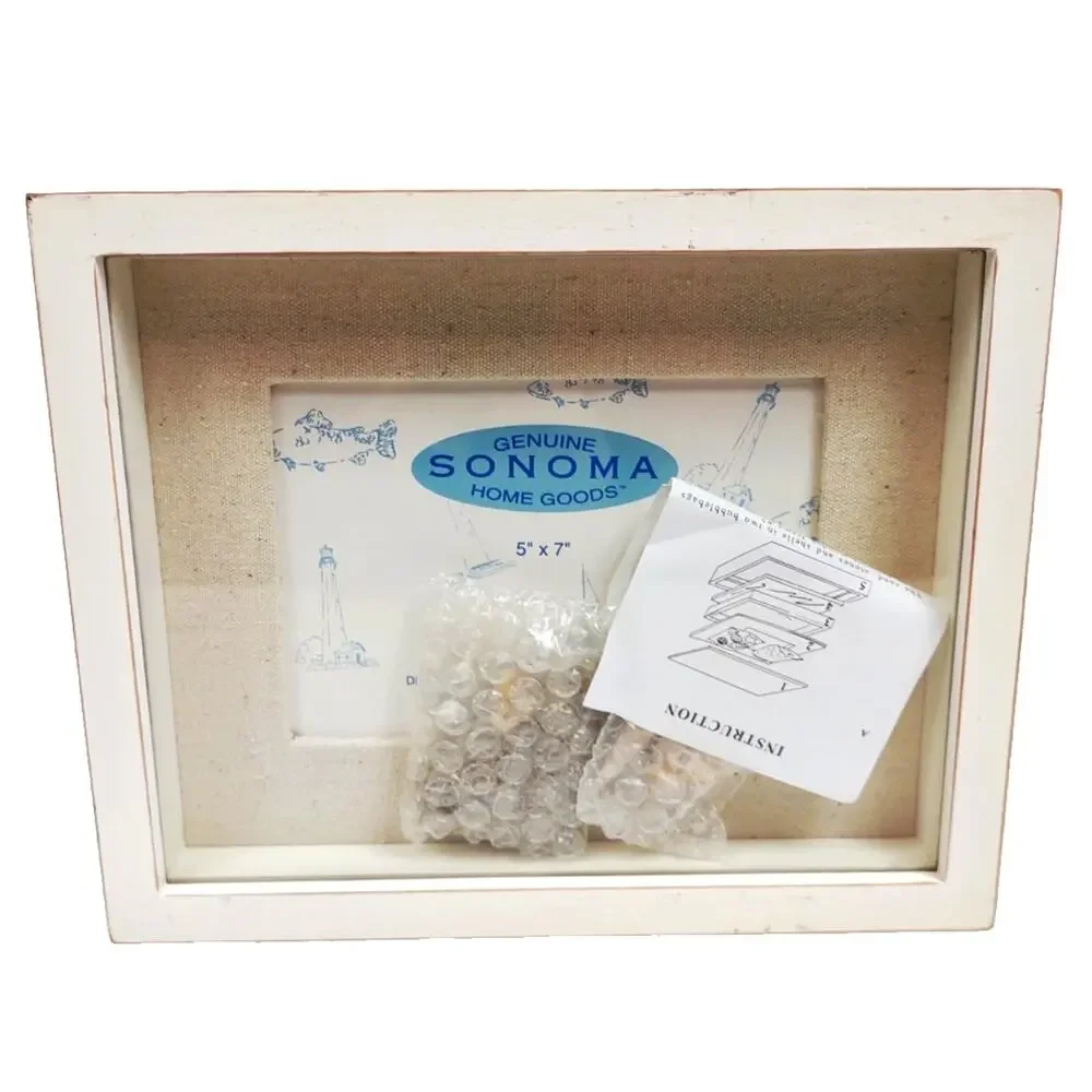 SONOMA GOODS Wood Nautical Shadow Box Photo Frame w Shells Cream Home Decor 5x7